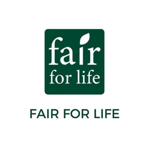 Logo vert foncé avec le texte blanc "fair for life" et une feuille stylisée au-dessus du i.