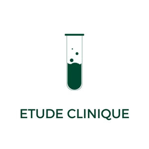 Tube à essai avec liquide vert et bulles au-dessus, illustration simple accompagnée de texte « ETUDE CLINIQUE »
