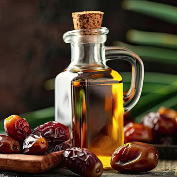Glass bottle filled with golden oil sealed with cork next to wooden tray with fresh and dried dates on surface