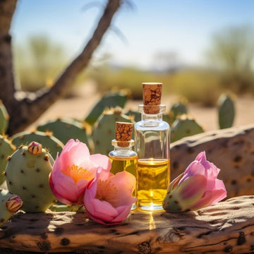 Two small glass bottles with corks containing yellow liquid beside pink cactus flowers on a desert cactus paddle