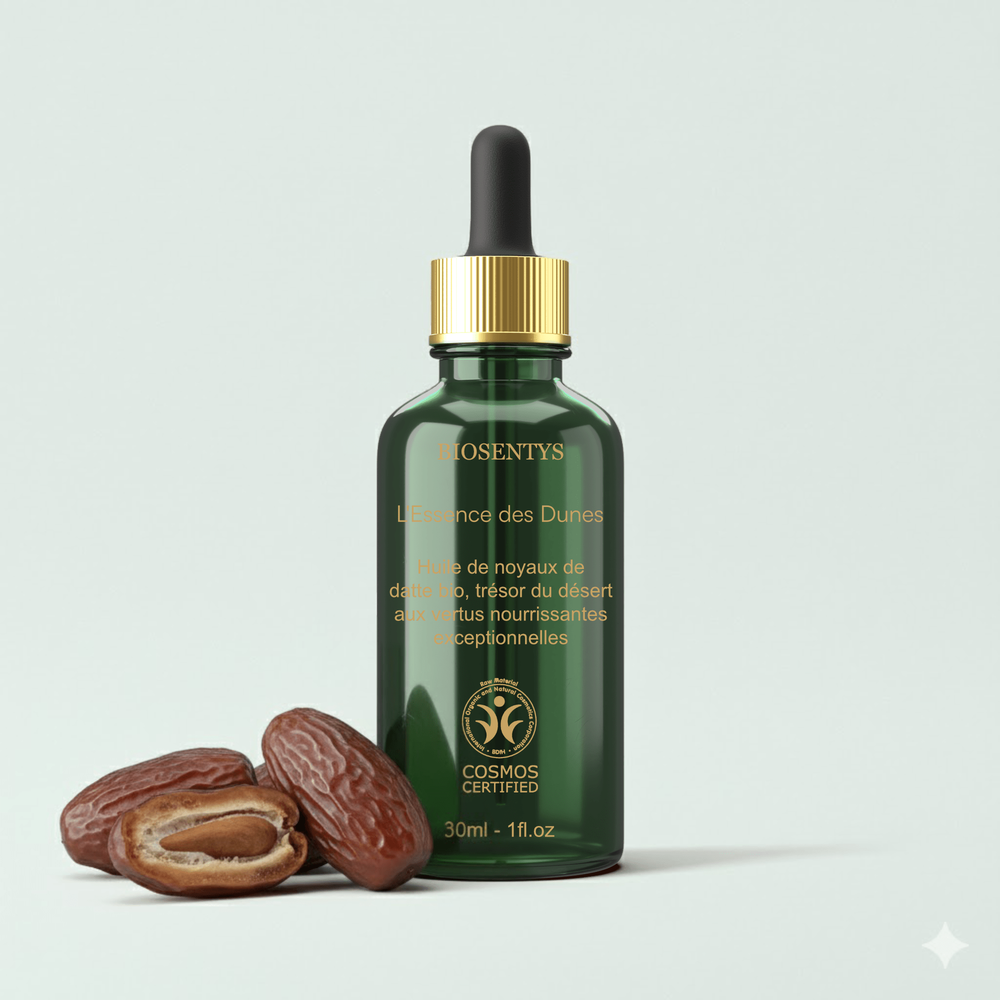 Essence du Désert — Huile des noyaux de dattes – BIOSENTYS | Bouteille verte Essence du Désert — Huile des noyaux de dattes avec graines et fruits de dattes sur fond clair.