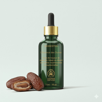 Essence du Désert — Huile des noyaux de dattes – BIOSENTYS | Bouteille verte Essence du Désert — Huile des noyaux de dattes avec graines et fruits de dattes sur fond clair.