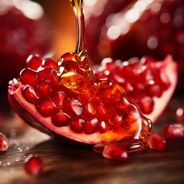 Golden honey being poured over a fresh, juicy pomegranate half with seeds scattered around on a wooden surface.